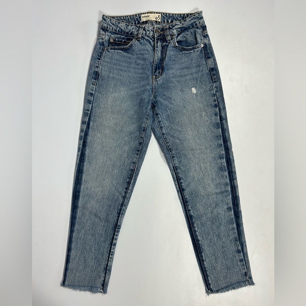 Garage 03 Blue Mid Wash High Rise Ankle Mom Jeans Raw Hem Straight Leg Size 03